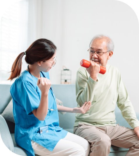 caregiver assisting senior on workout